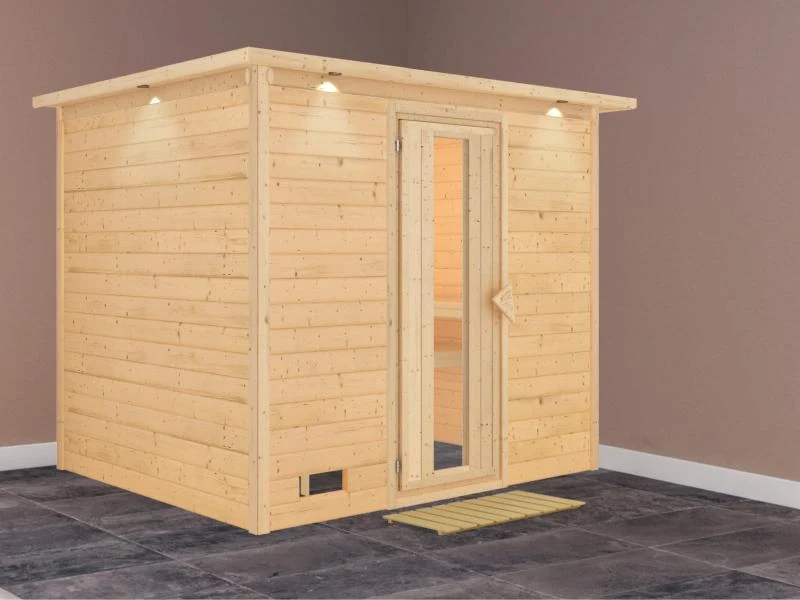 Karibu Sauna Sonara ohne Ofen, mit Dachkranz, mit energiesparender Saunatür