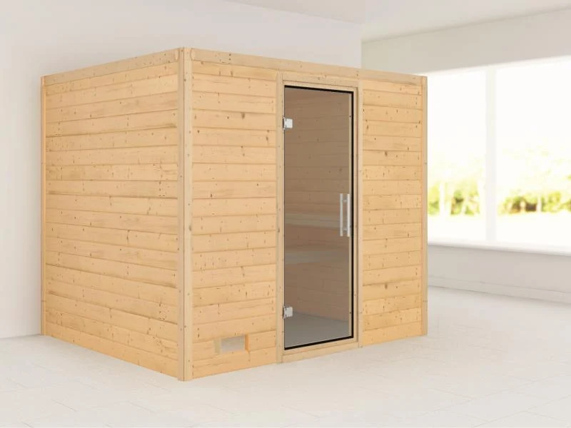 Karibu Sauna Sonara ohne Ofen, ohne Dachkranz, mit moderner Saunatür