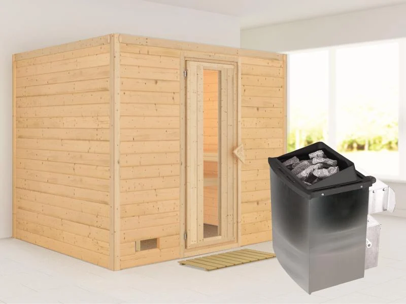 Karibu Sauna Sonara inkl. 9-kW-Ofen mit interner Steuerung, ohne Dachkranz, mit energiesparender Sau