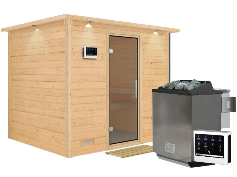 Karibu Sauna Sonara inkl. 9-kW-Bioofen mit externer Steuerung, mit Dachkranz, mit moderner Saunatür