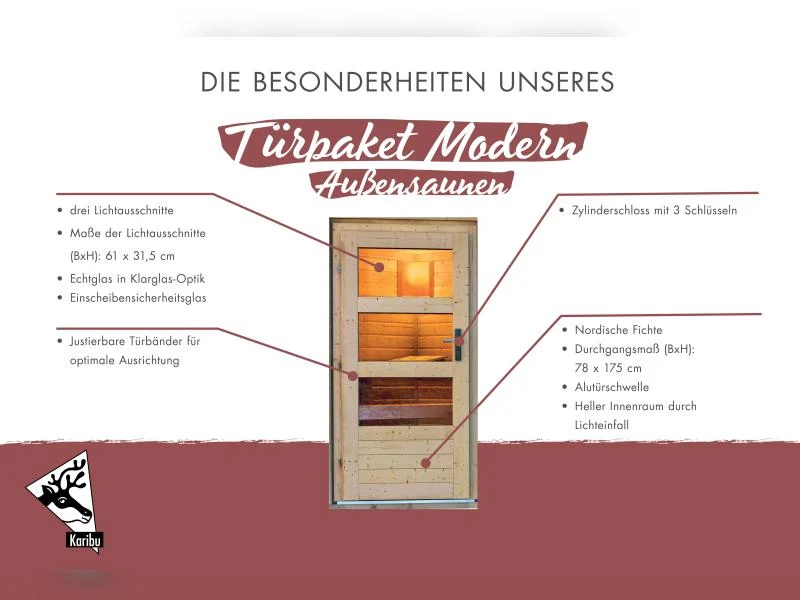 Karibu Türpaket Außensauna Modern, naturbelassen, 40 mm Saunahäuser