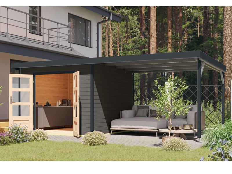Norlinio Hybrid Gartenhaus Woodtallic B, terragrau/anthrazit im Set mit Fußboden und 3 m Anbaudach