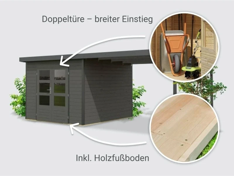 Norlinio Hybrid Gartenhaus Woodtallic B, terragrau/anthrazit im Set mit Fußboden und 3 m Anbaudach