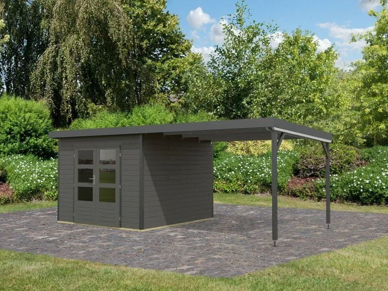 Norlinio Hybrid Gartenhaus Woodtallic B, terragrau/anthrazit im Set mit Fußboden und 3 m Anbaudach