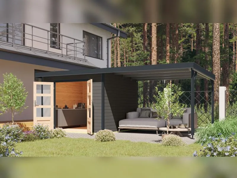 Norlinio Hybrid Gartenhaus Woodtallic B, terragrau/anthrazit im Set mit Fußboden und 3 m Anbaudach