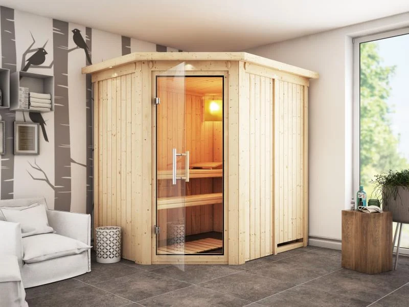 Saja - Karibu Sauna Plug & Play ohne Ofen - mit Dachkranz - Klarglas Ganzglastür