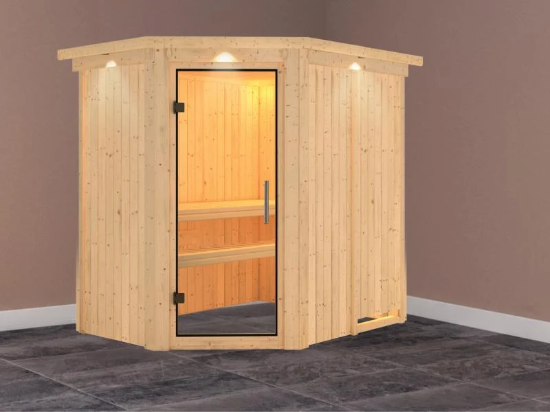 Saja - Karibu Sauna Plug & Play ohne Ofen - mit Dachkranz - Klarglas Ganzglastür