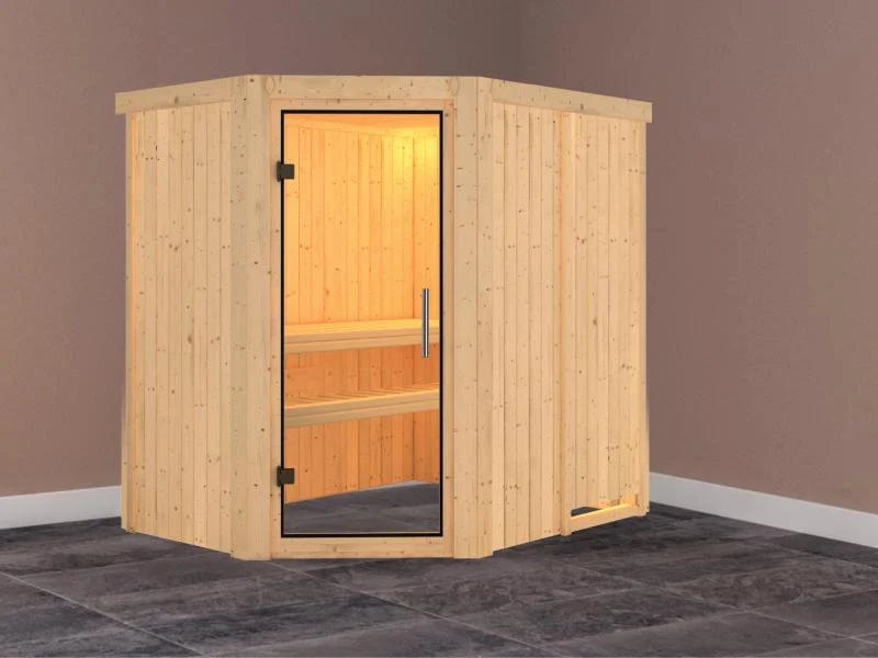 Saja - Karibu Sauna Plug & Play ohne Ofen - ohne Dachkranz - Klarglas Ganzglastür