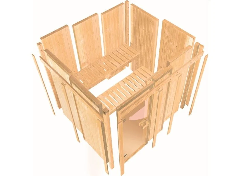 Saja - Karibu Sauna Plug & Play ohne Ofen - ohne Dachkranz - Klarglas Ganzglastür