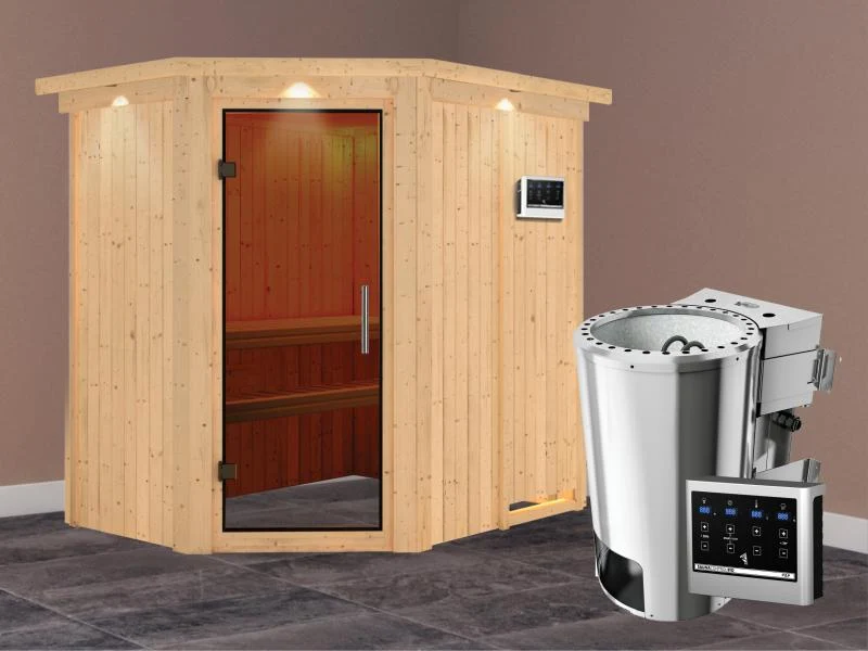 Saja - Karibu Sauna Plug & Play 3,6 kW Bio Ofen, ext. Steuerung - mit Dachkranz - Moderne Saunatür