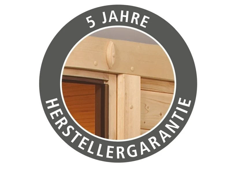 Saja - Karibu Sauna Plug & Play 3,6 kW Ofen, int. Steuerung - mit Dachkranz - Moderne Saunatür