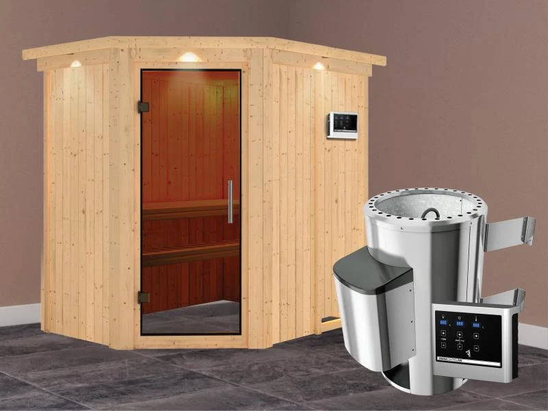 Saja - Karibu Sauna Plug & Play 3,6 kW Ofen, ext. Steuerung - mit Dachkranz - Moderne Saunatür