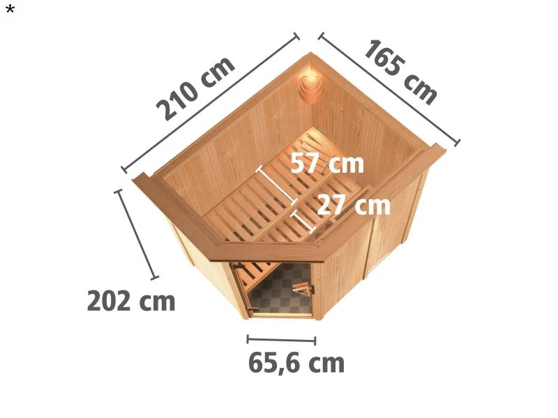 Saja - Karibu Sauna Plug & Play 3,6 kW Ofen, ext. Steuerung - mit Dachkranz - Moderne Saunatür