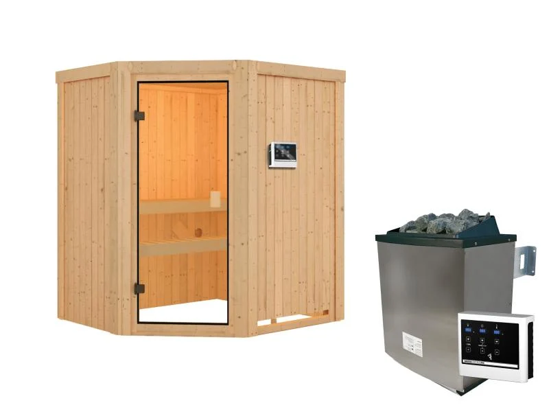 Karibu Sauna Faurin inkl. 9 kW Ofen ext. Steuerung mit klassischer Saunatür -ohne Dachkranz-