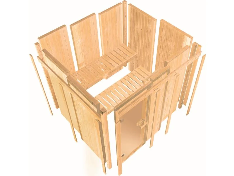 Karibu Sauna Faurin inkl. 9 kW Ofen ext. Steuerung mit klassischer Saunatür -ohne Dachkranz-