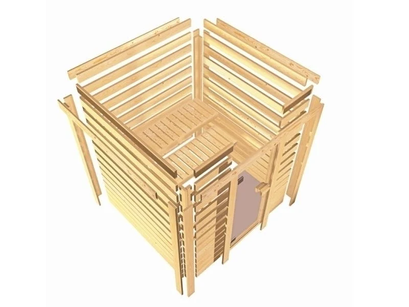 Karibu Sauna Mia inkl. 9 kW Bioofen ext. Steuerung, mit Klarglas Ganzglassaunatür -mit Dachkranz-