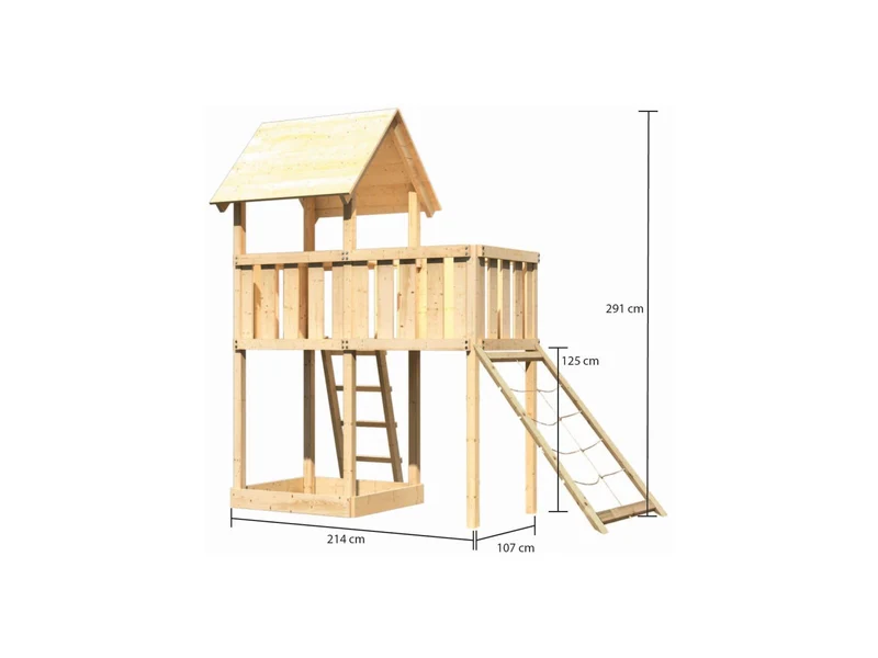 Karibu Spielturm Lotti natur mit Anbauplattform und Netzrampe