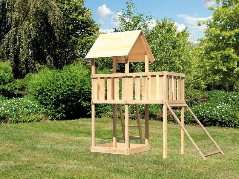 Karibu Spielturm Lotti natur mit Anbauplattform und Netzrampe