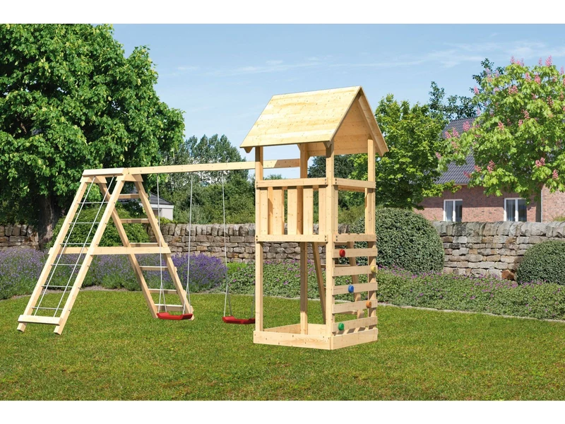 Karibu Spielturm Lotti mit Kletterwand und Doppelschaukel inkl. Klettergerüst