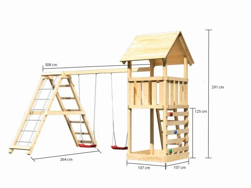 Karibu Spielturm Lotti mit Kletterwand und Doppelschaukel inkl. Klettergerüst