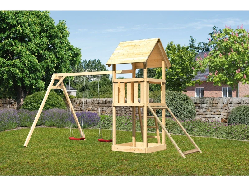 Karibu Spielturm Lotti mit Doppelschaukel und Netzrampe
