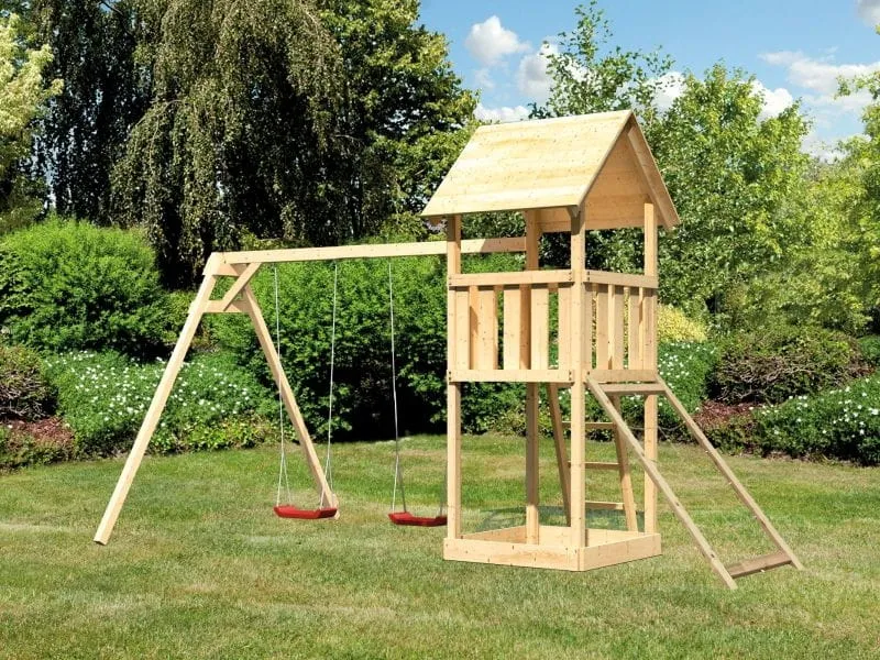Karibu Spielturm Lotti mit Doppelschaukel und Netzrampe