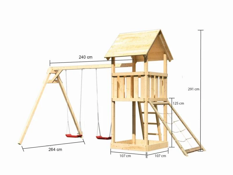 Karibu Spielturm Lotti mit Doppelschaukel und Netzrampe