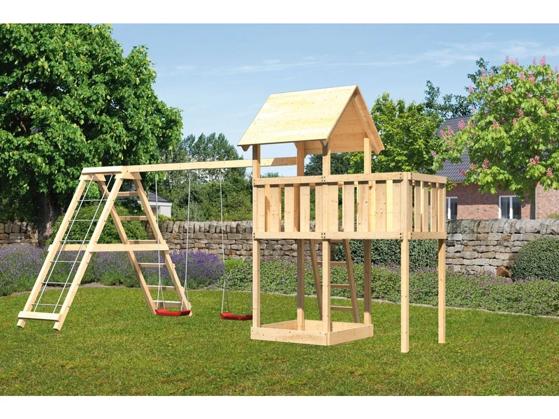 Karibu Spielturm Lotti natur- Anbauplattform- Doppelschaukel inkl. Klettergerüst