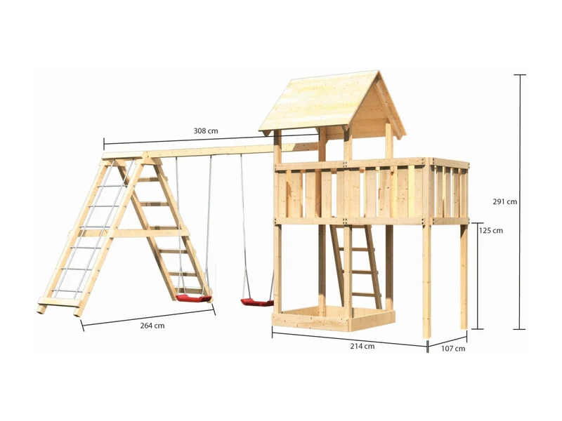 Karibu Spielturm Lotti natur- Anbauplattform- Doppelschaukel inkl. Klettergerüst