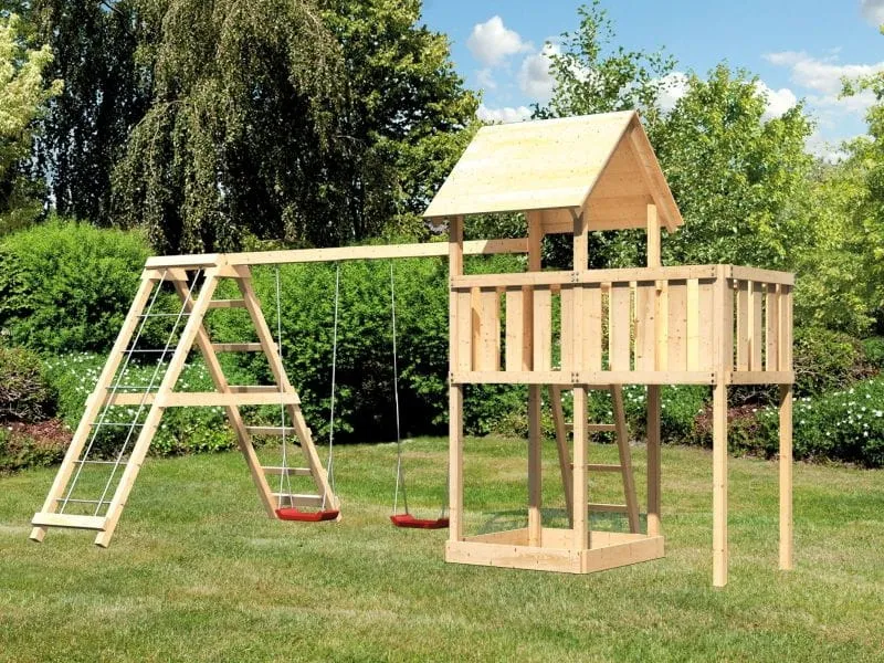 Karibu Spielturm Lotti natur- Anbauplattform- Doppelschaukel inkl. Klettergerüst