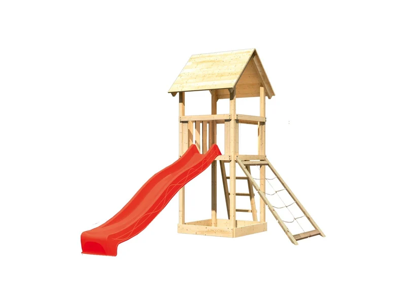 Karibu Spielturm Lotti mit Netzrampe und Rutsche rot