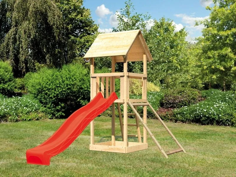 Karibu Spielturm Lotti mit Netzrampe und Rutsche rot