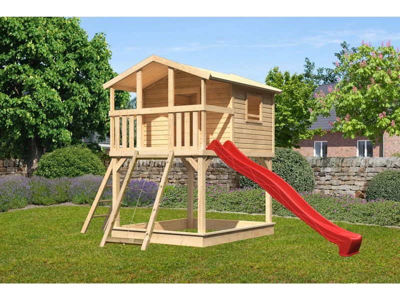 Karibu Stelzenhaus Benjamin natur mit Netzrampe und Rutsche in rot