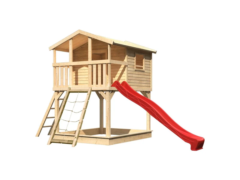 Karibu Stelzenhaus Benjamin natur mit Netzrampe und Rutsche in rot