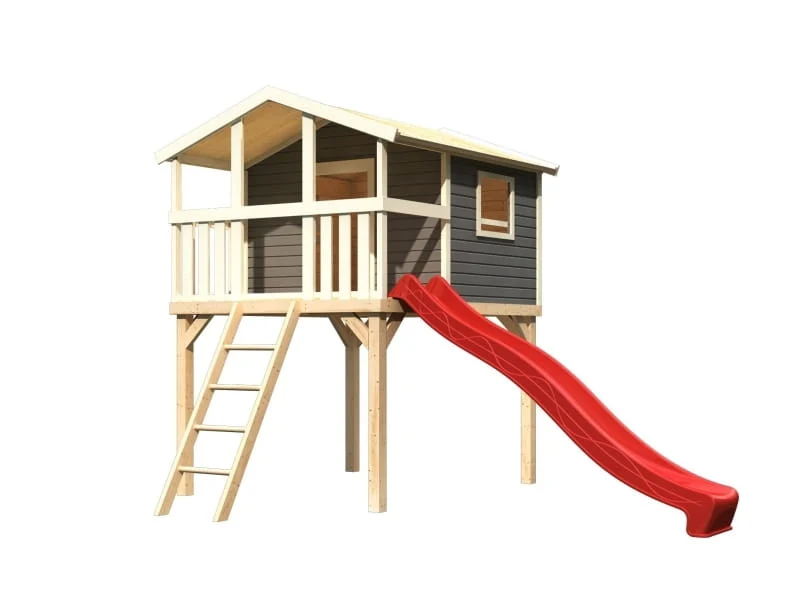 Karibu Stelzenhaus Benjamin terragrau mit Rutsche in rot