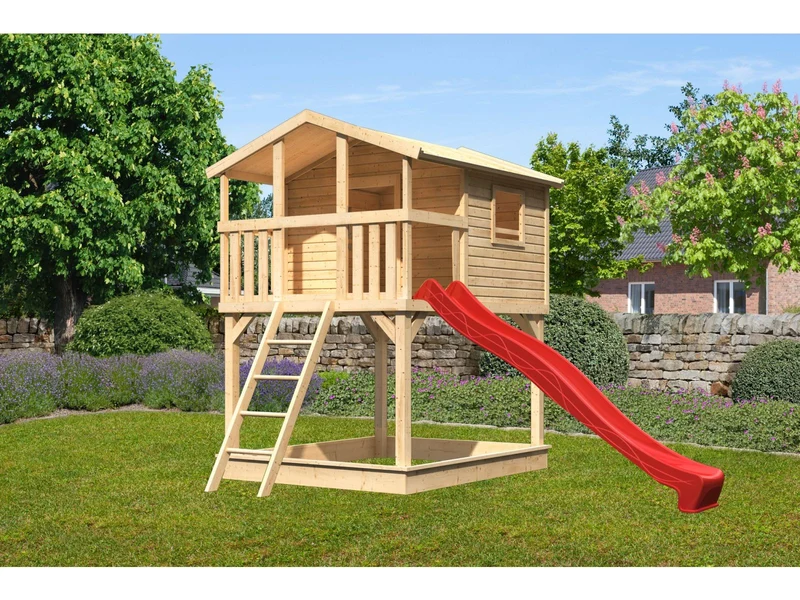 Karibu Stelzenhaus Benjamin natur mit Rutsche in rot