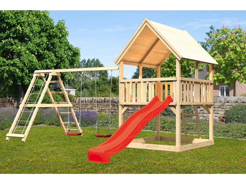 Karibu Spielturm Luis Satteldach + Rutsche rot + Doppelschaukelanbau Klettergerüst