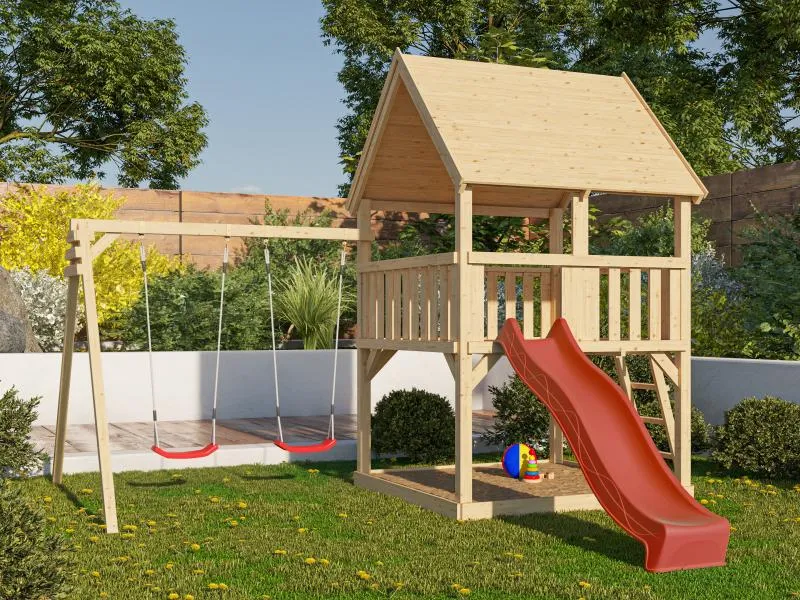 Karibu Spielturm Luis Satteldach + Rutsche rot + Doppelschaukel