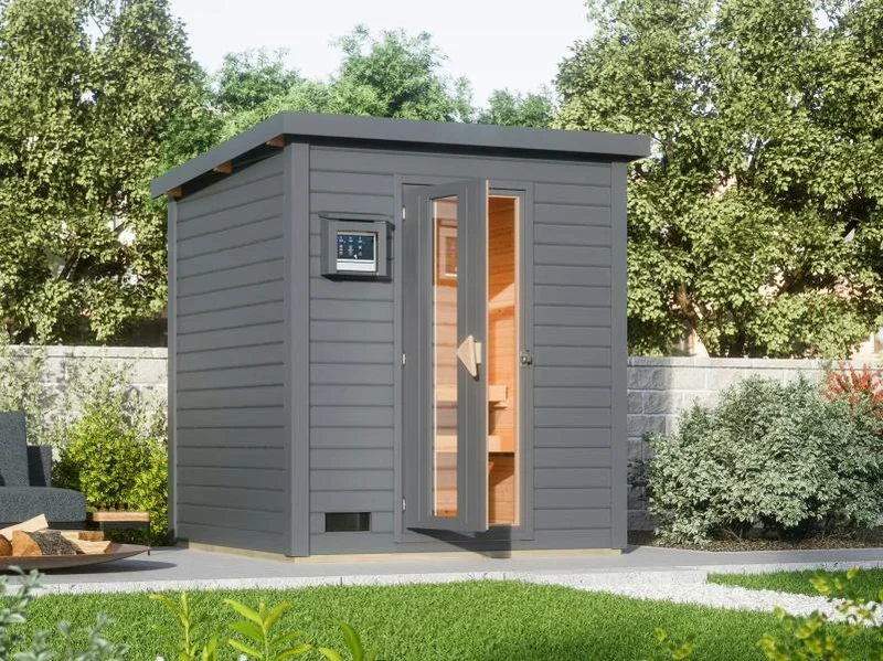 Karibu Saunahaus Hytti 2 38 mm,terragrau - inkl. 9 kW Bioofen ext. Steuerung - mit Energiespartür u