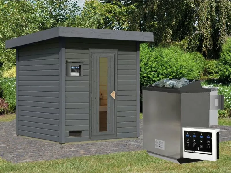 Karibu Saunahaus Hytti 2 38 mm,terragrau - inkl. 9 kW Bioofen ext. Steuerung - mit Energiespartür u
