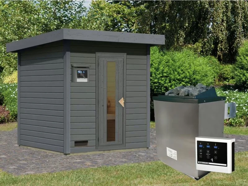 Karibu Saunahaus Hytti 2 38 mm, terragrau- inkl. 9 kW Ofen ext. Steuerung - mit Energiespartür und
