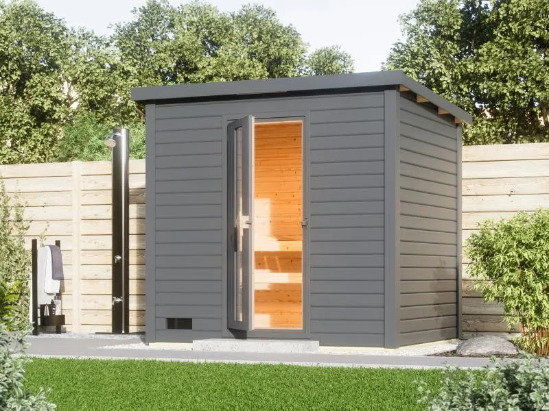 Karibu Saunahaus Hytti 3 38 mm terragrau - ohne Ofen - inkl. Energiespartür und Fußboden