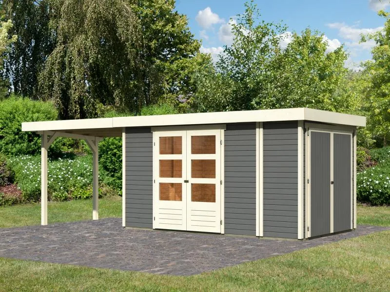 Karibu Gartenhaus Retola 5 mit Anbauschrank und Anbaudach 2,80 Meter, terragrau