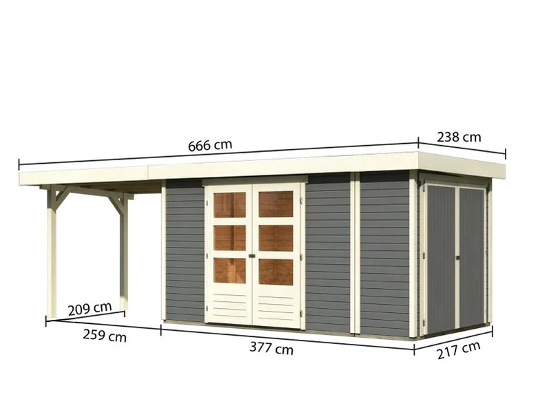 Karibu Gartenhaus Retola 5 mit Anbauschrank und Anbaudach 2,80 Meter, terragrau