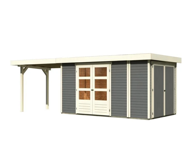 Karibu Gartenhaus Retola 5 mit Anbauschrank und Anbaudach 2,80 Meter, terragrau