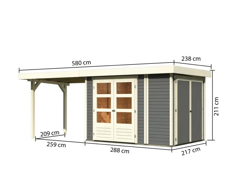 Karibu Gartenhaus Retola 2 in terragrau mit 2,80 Meter Anbaudach