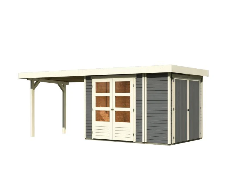 Karibu Gartenhaus Retola 2 in terragrau mit 2,80 Meter Anbaudach