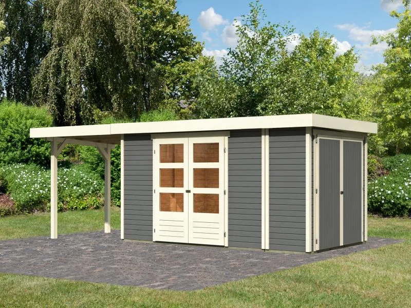 Karibu Gartenhaus Retola 5 mit Anbauschrank und Anbaudach 2,40 Meter, terragrau