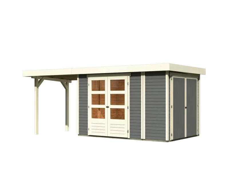 Karibu Gartenhaus Retola 3 in terragrau mit Anbaudach 2,40 Meter und Anbauschrank