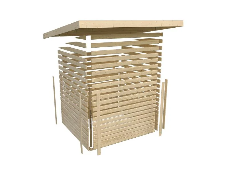 Karibu Gartenhaus Retola 3 in terragrau mit Anbaudach 2,40 Meter und Anbauschrank